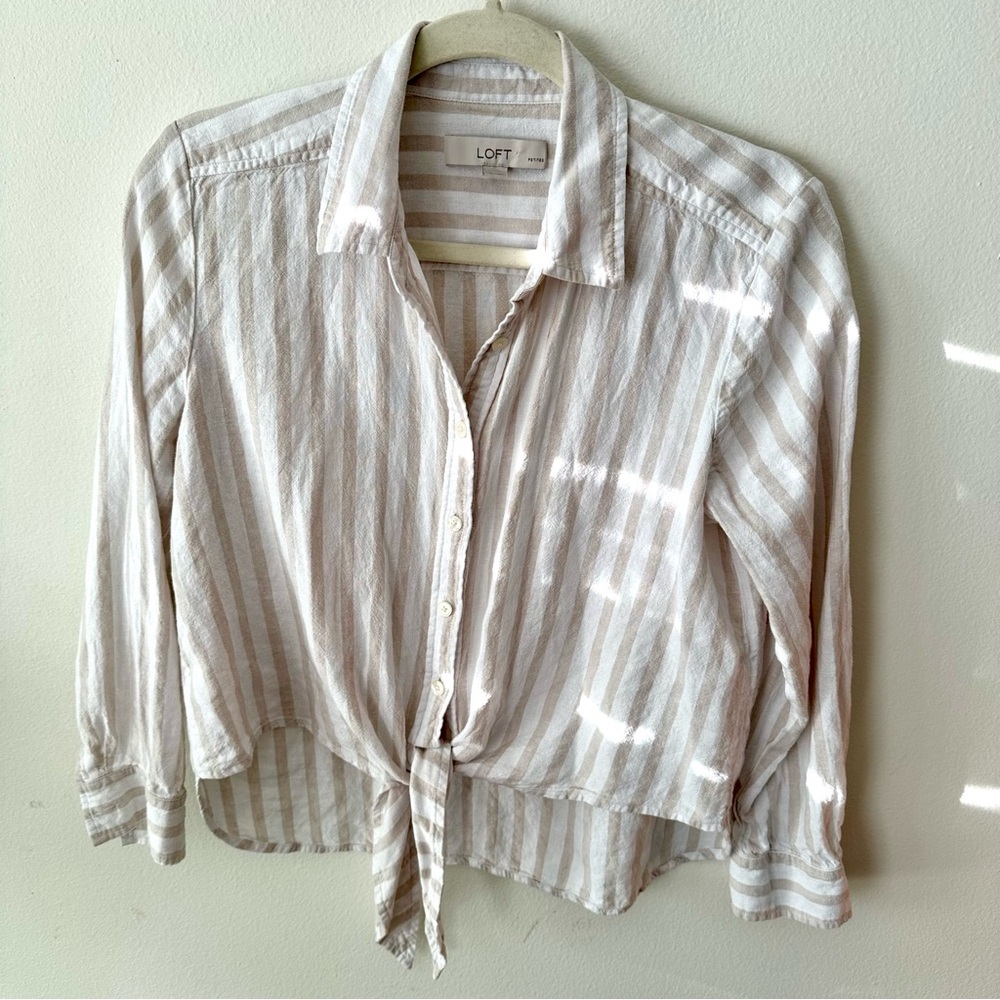 LOFT Women's Beige Linen Striped Button-Down Shirt